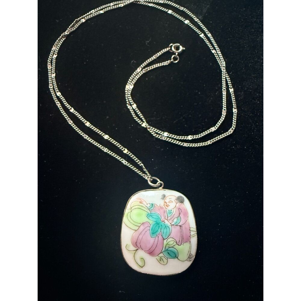 Vintage Asian Hand-Painted Porcelain Tile Pendant & 30" Chain Necklace